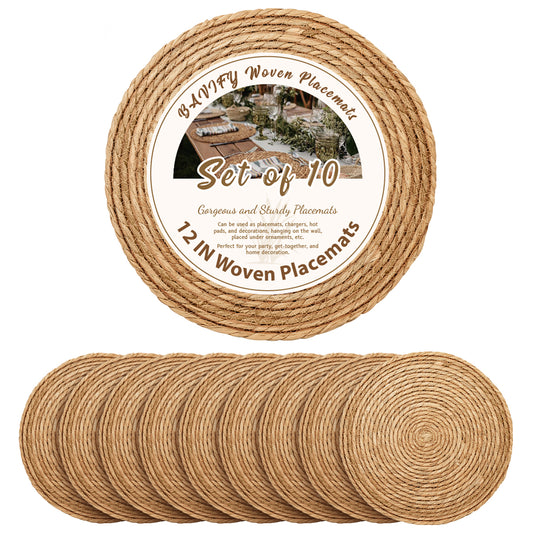 Round Woven Placemats Set of 10, 12 Inch Boho Farmhouse Rustic Woven Place Mats for Dining Table Decor, Rattan Wicker Table Mats Chargers for Dinner Plates