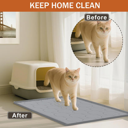 Cat Litter Mat Waterproof ,Large 34"*23" Non-slip Silicone Cat Litter Mat,Cat Litter Box Mat for Litter Trapping,Easy to Store Kitty Litter Mat Gray