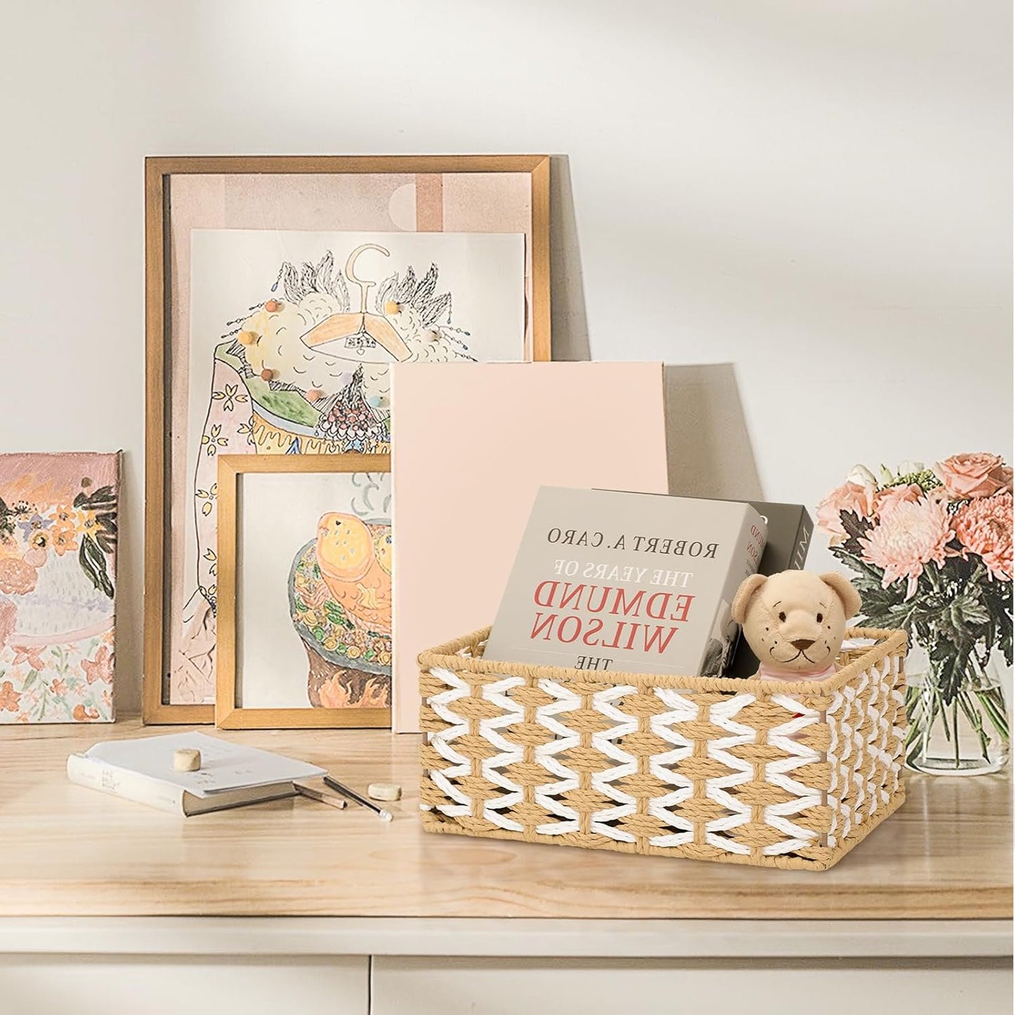 Wicker Basket Set of 3, Seagrass Storage Baskets for Shelves with Iron Wire Frame,Woven Baskets for Storage,Wicker Storage Basket for Bathroom, Bedroom, Laundry, Pantry, Shelves