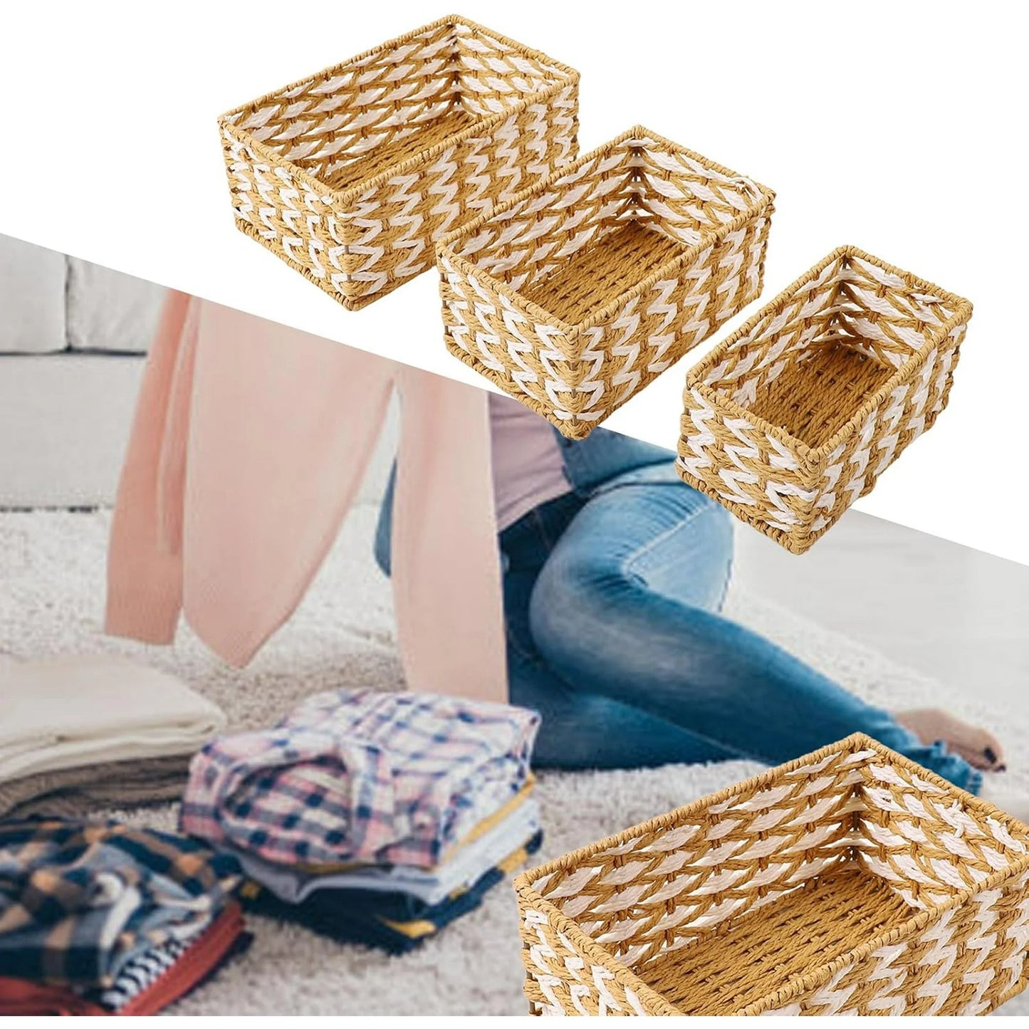Wicker Basket Set of 3, Seagrass Storage Baskets for Shelves with Iron Wire Frame,Woven Baskets for Storage,Wicker Storage Basket for Bathroom, Bedroom, Laundry, Pantry, Shelves