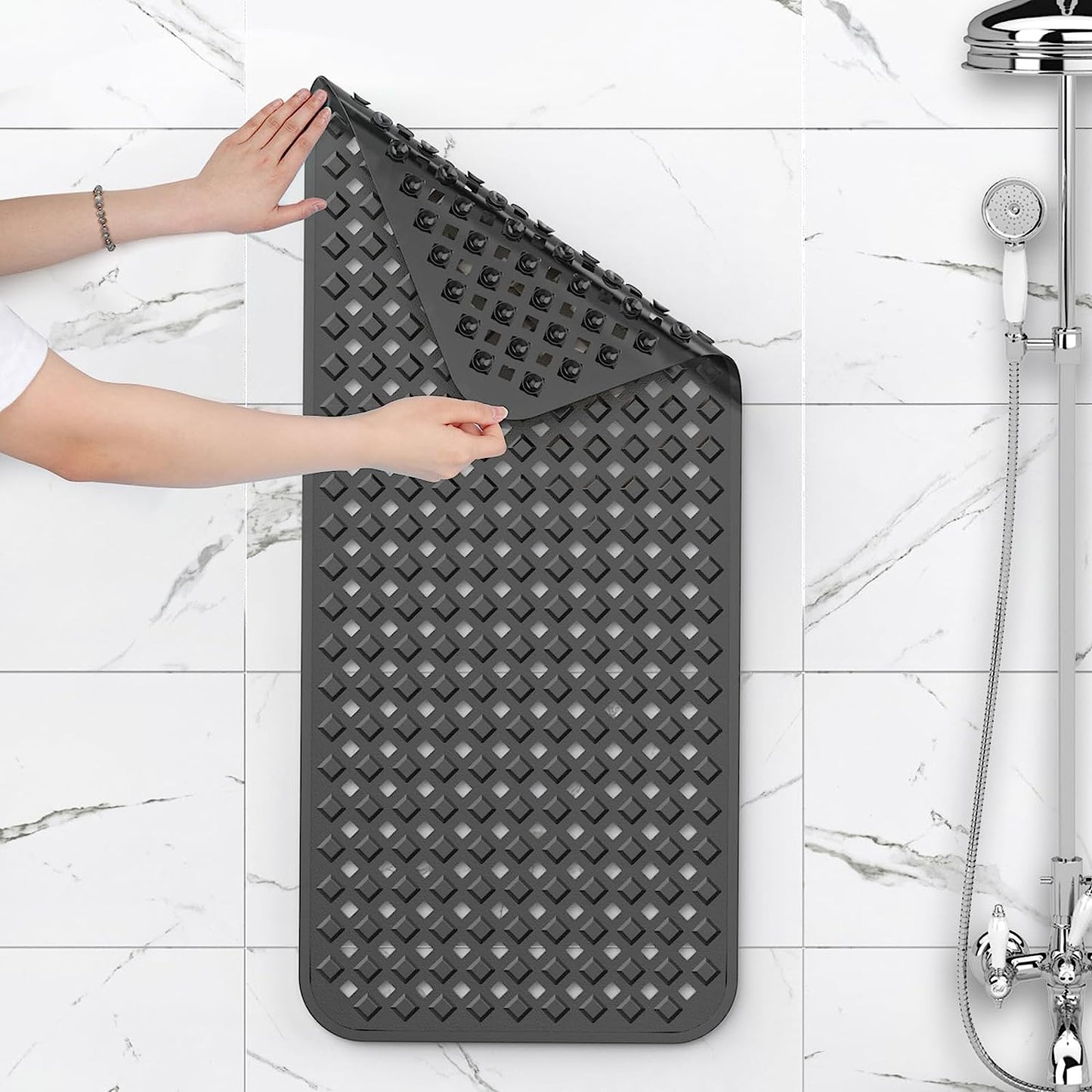 Bath Tub Mat Bath Mat for Tub Shower Mat Dinosam Bathtub Mat Non Slip 16 x 35 Extra Long Rubber Bath Mat, Suction Cups, Drain Holes, Machine Washable Bathroom Mat, Black