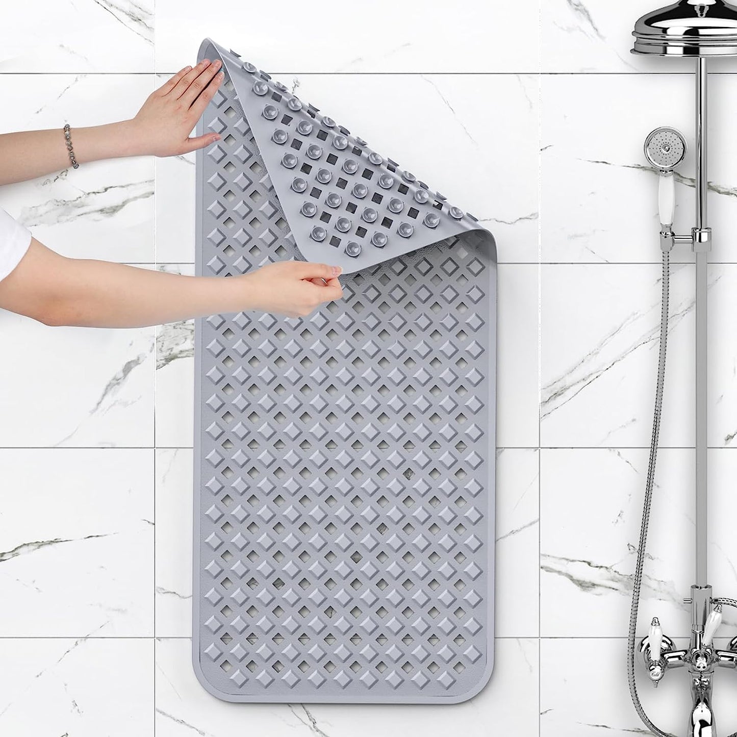 Bath Tub Mat Bath Mat for Tub Shower Mat Dinosam Bathtub Mat Non Slip 16 x 35 Extra Long Rubber Bath Mat, Suction Cups, Drain Holes, Machine Washable Bathroom Mat,Gray