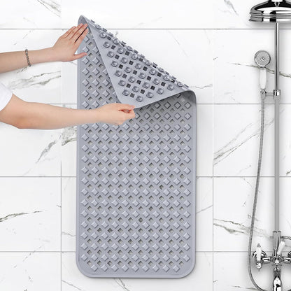 Bath Tub Mat Bath Mat for Tub Shower Mat Dinosam Bathtub Mat Non Slip 16 x 35 Extra Long Rubber Bath Mat, Suction Cups, Drain Holes, Machine Washable Bathroom Mat,Gray