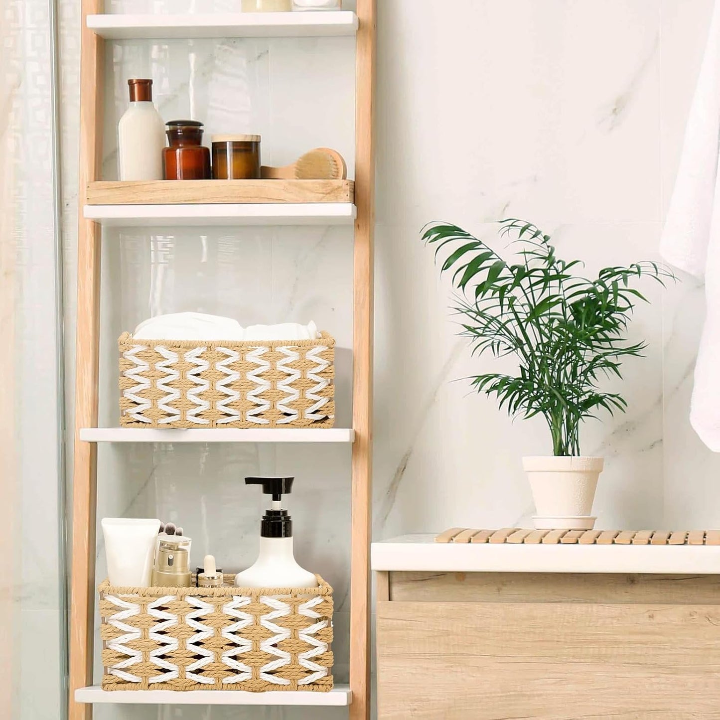 Wicker Basket Set of 3, Seagrass Storage Baskets for Shelves with Iron Wire Frame,Woven Baskets for Storage,Wicker Storage Basket for Bathroom, Bedroom, Laundry, Pantry, Shelves