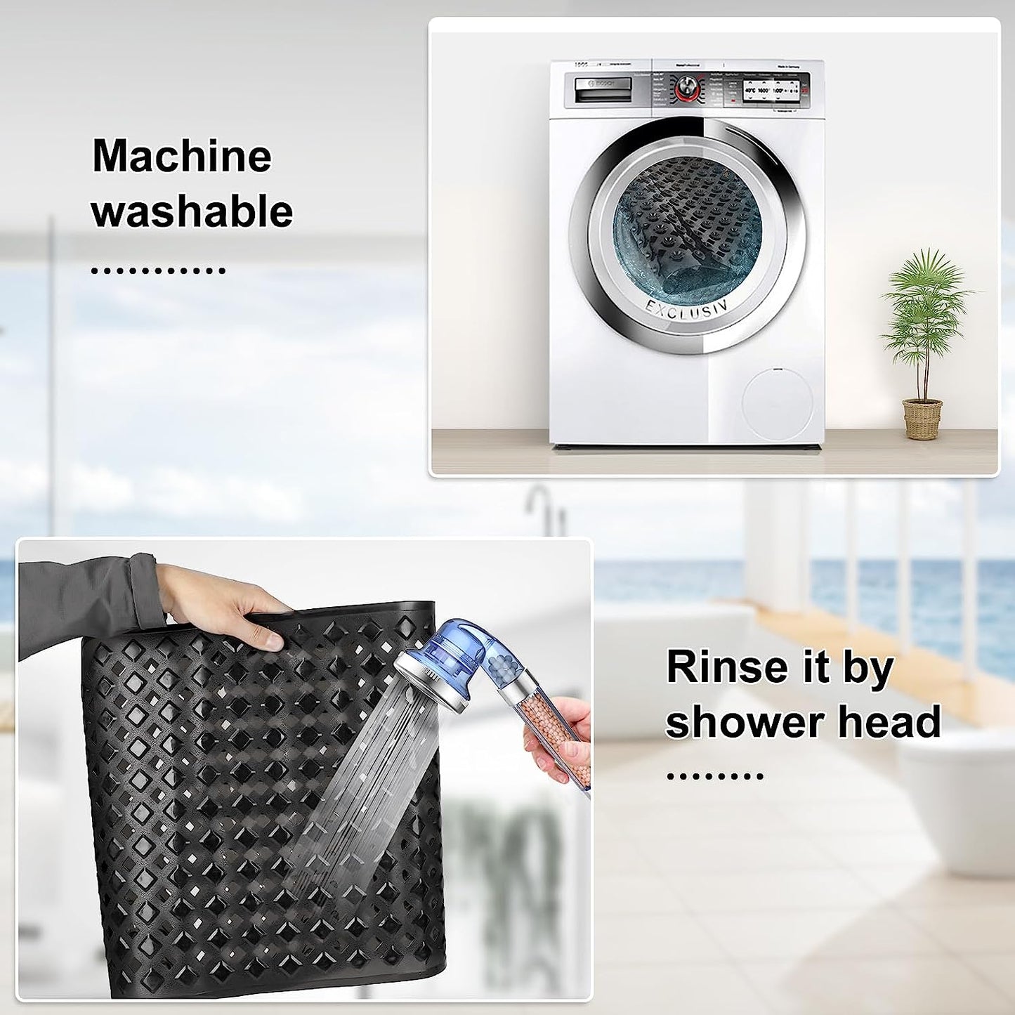 Bath Tub Mat Bath Mat for Tub Shower Mat Dinosam Bathtub Mat Non Slip 16 x 35 Extra Long Rubber Bath Mat, Suction Cups, Drain Holes, Machine Washable Bathroom Mat, Black