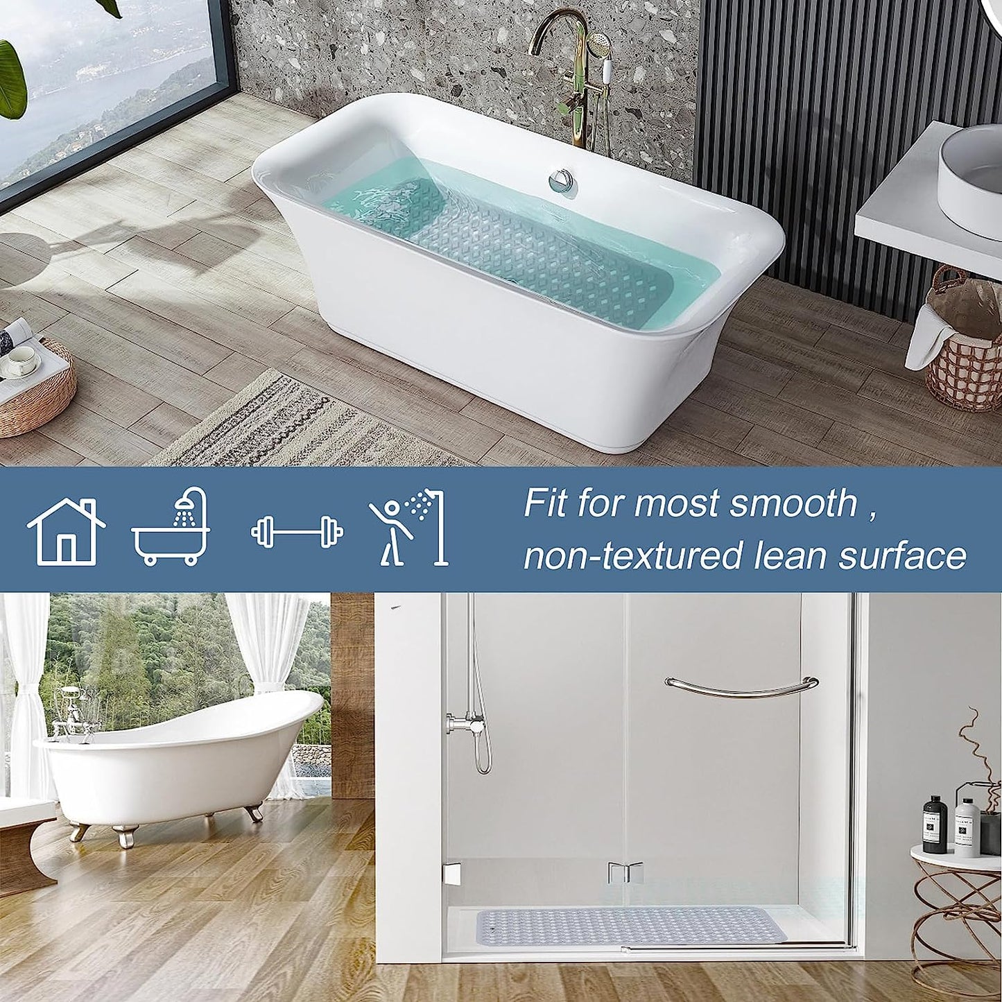 Bath Tub Mat Bath Mat for Tub Shower Mat Dinosam Bathtub Mat Non Slip 16 x 35 Extra Long Rubber Bath Mat, Suction Cups, Drain Holes, Machine Washable Bathroom Mat,Gray