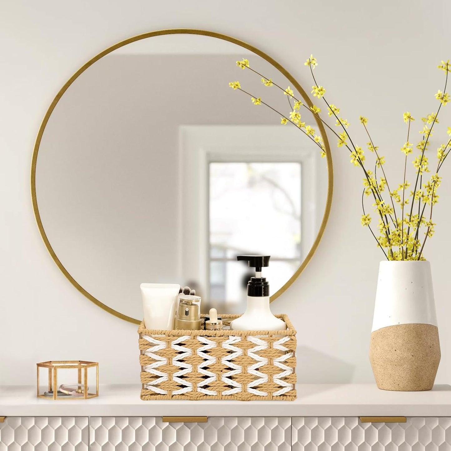 Wicker Basket Set of 3, Seagrass Storage Baskets for Shelves with Iron Wire Frame,Woven Baskets for Storage,Wicker Storage Basket for Bathroom, Bedroom, Laundry, Pantry, Shelves