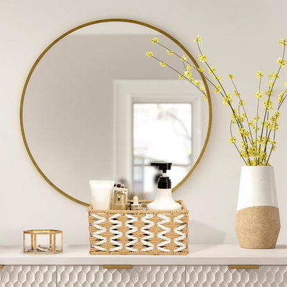Wicker Basket Set of 3, Seagrass Storage Baskets for Shelves with Iron Wire Frame,Woven Baskets for Storage,Wicker Storage Basket for Bathroom, Bedroom, Laundry, Pantry, Shelves
