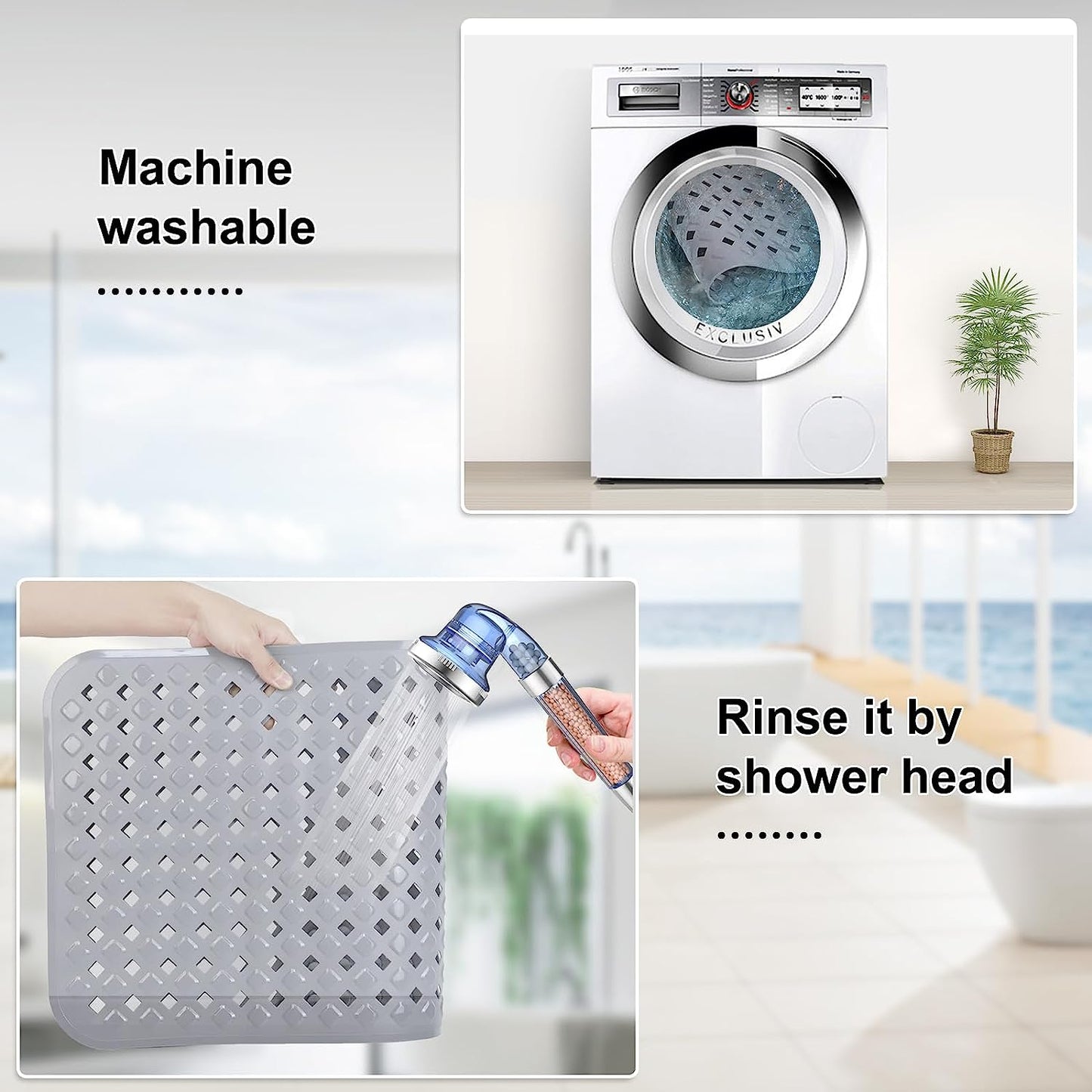 Bath Tub Mat Bath Mat for Tub Shower Mat Dinosam Bathtub Mat Non Slip 16 x 35 Extra Long Rubber Bath Mat, Suction Cups, Drain Holes, Machine Washable Bathroom Mat,Gray