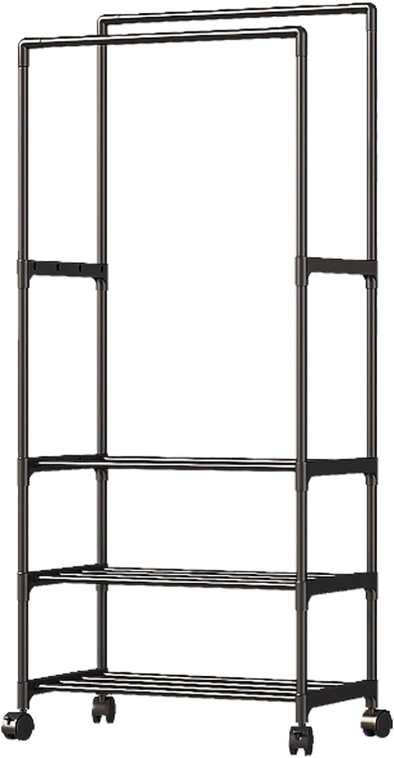 Double Rail Clothes Rack, Domaci Coat and Shoe Rack Entryway Hall Tree, Heavy Duty Clothes Drying Rack, Metal Double Rod Clothing Garment Rack Coat Rail Black