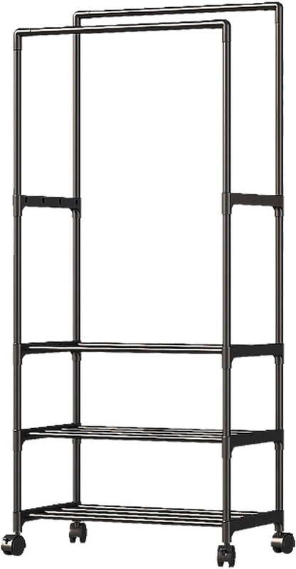 Double Rail Clothes Rack, Domaci Coat and Shoe Rack Entryway Hall Tree, Heavy Duty Clothes Drying Rack, Metal Double Rod Clothing Garment Rack Coat Rail Black
