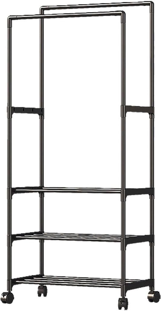 Double Rail Clothes Rack, Domaci Coat and Shoe Rack Entryway Hall Tree, Heavy Duty Clothes Drying Rack, Metal Double Rod Clothing Garment Rack Coat Rail Black