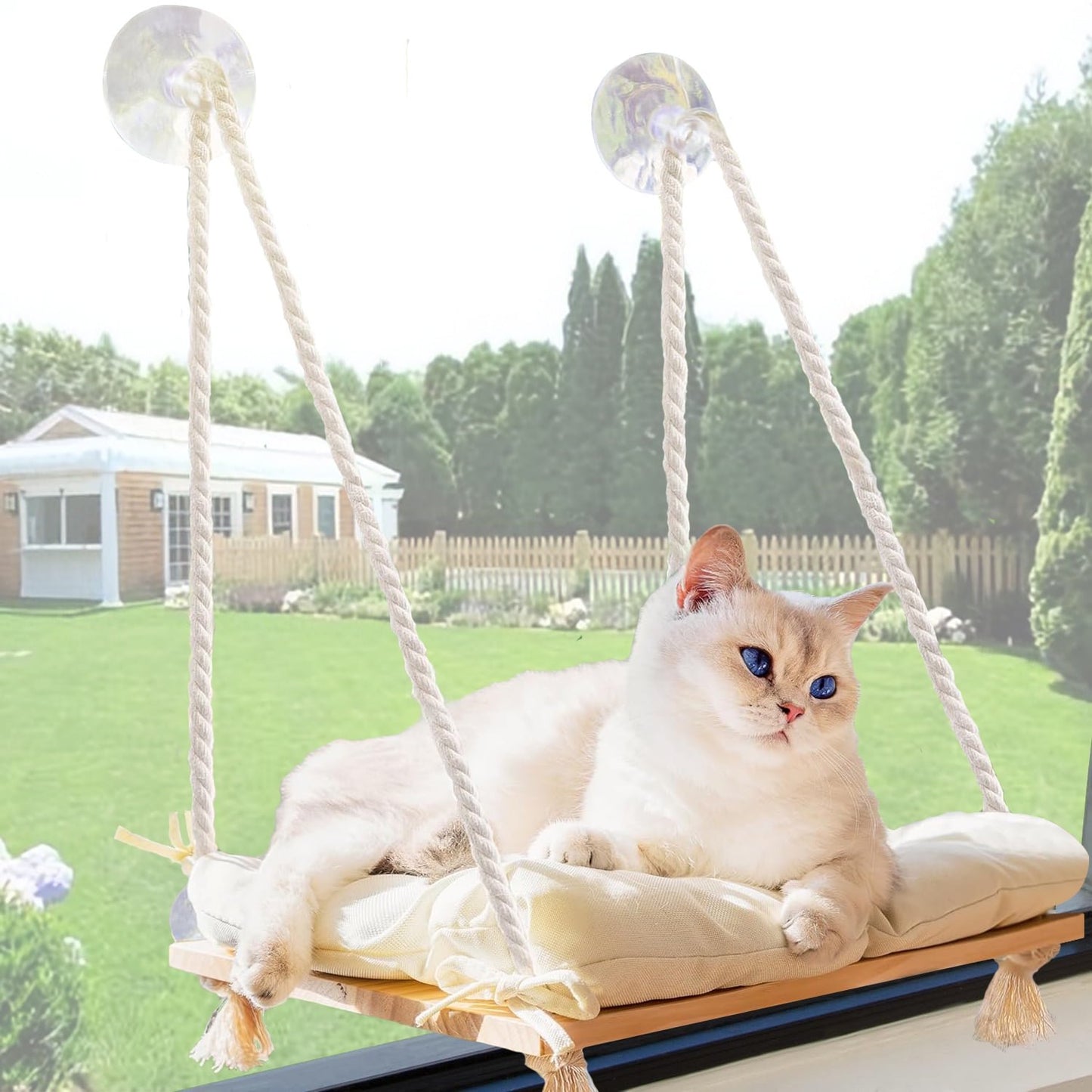 Cat Hammock, Handwoven Hanging Cat Bed, Boho Cat Swing with Cushion for Indoor Outdoor Home Decor Hang on Wall Cat Hammock Bed for Sleeping, Playing, Climbing and Lounging