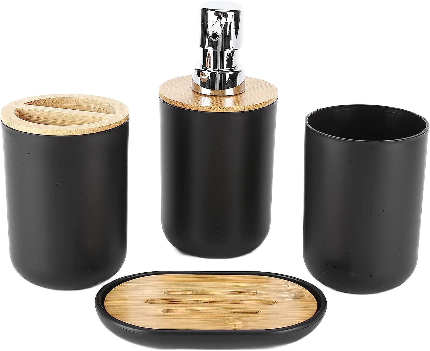 Bathroom Accessory Set, 4 Packs Dinosam Bamboo Waterproof Gift Set Plastic Toothbrush Cup Lotion Dispenser Soap Box Tooth Mug Modern Style for Home Hotel