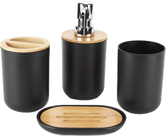 Bathroom Accessory Set, 4 Packs Dinosam Bamboo Waterproof Gift Set Plastic Toothbrush Cup Lotion Dispenser Soap Box Tooth Mug Modern Style for Home Hotel