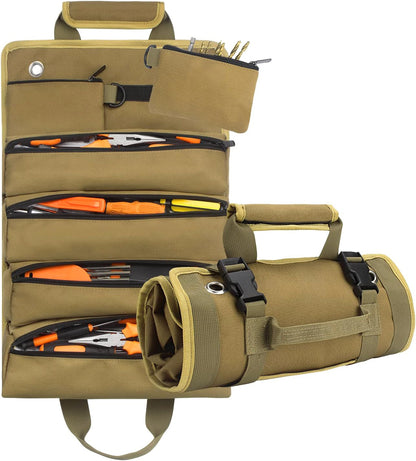 Tool Roll Up Pouch,Small Tool Bags,Electricians Tool Pouch: 6 Tool Pouches,Roll Up Tool Bag with 2 Detachable Tool Pouches,Craftsman Tool Bags for Men,Rolling Tool Bag for Mechanics,Hobbyists (Khaki)