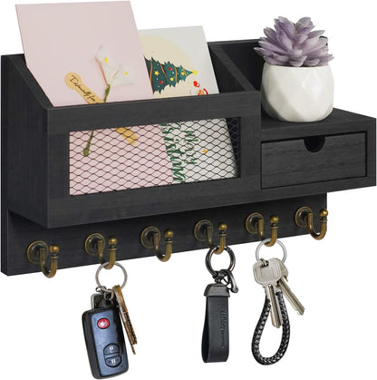 Key Holder for Wall,Dinosam Updated Mail Organizer Wall Mount with Drawer,Mail Holder Shelf and 6 Sturdy Hooks,Hanging Key Rack Hanger for Entryway, Hallway, Bedroom, Living Room and Office,Black