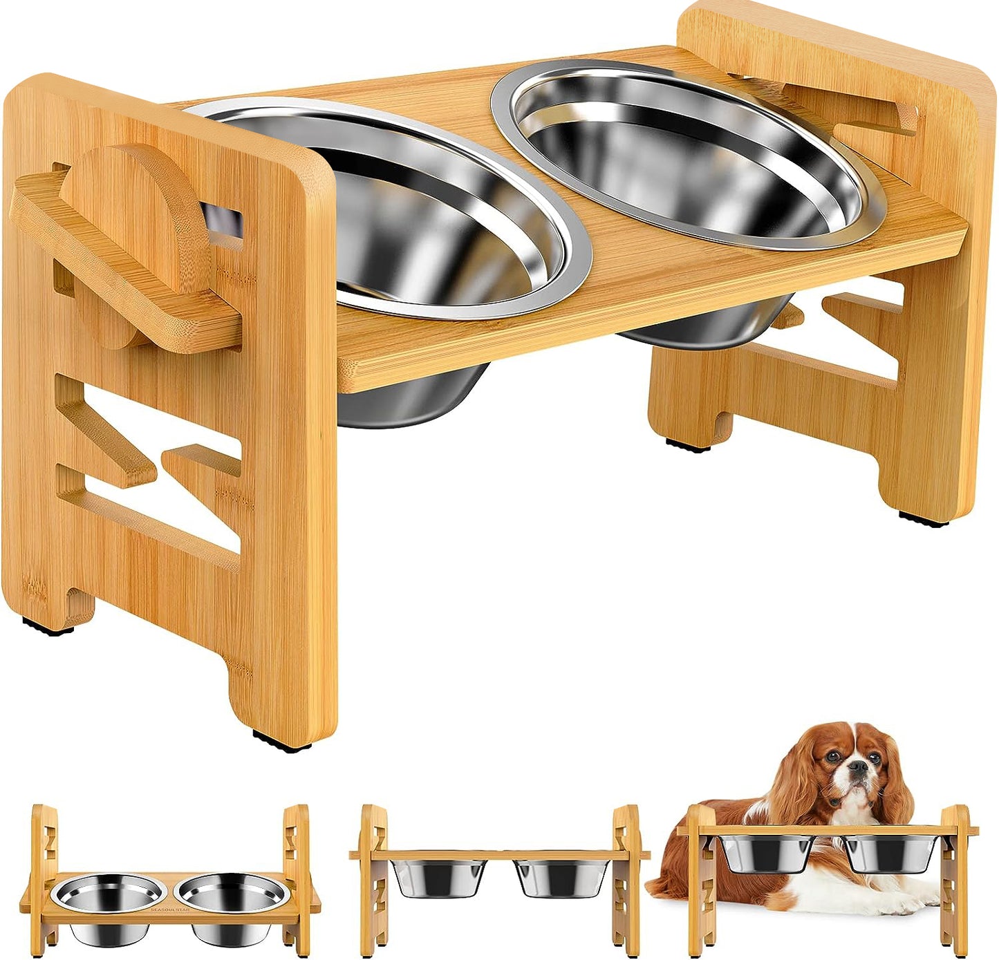 Elevated Dog Bowls for Small Dogs, Elevated Cat Bowls for Indoor Cats, Adjustable Raised Dog Bowl Stand, Raised Cat food Bowls with 2 Stainless Steel Bowls, Bamboo Dog Food Bowls with Stand