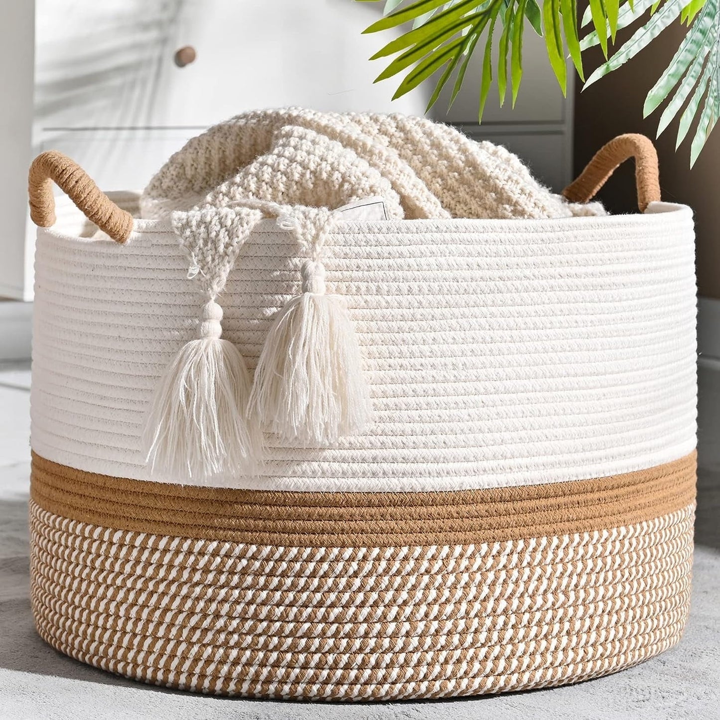 Large Laundry Basket Cotton Rope Storage Basket(16"x14"), Domaci Woven Baskets for Storage,Blanket Basket,Toy Storage Basket,Pillow Basket,Round Basket,Baby Hamper