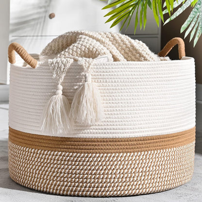 Large Laundry Basket Cotton Rope Storage Basket(16"x14"), Domaci Woven Baskets for Storage,Blanket Basket,Toy Storage Basket,Pillow Basket,Round Basket,Baby Hamper