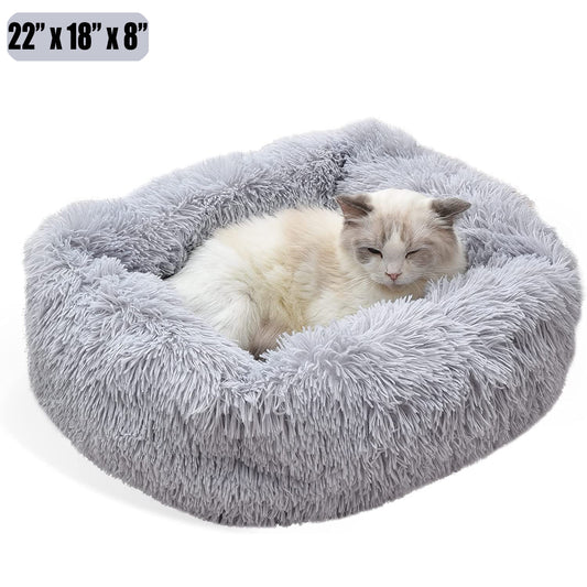 Pet Bed Cat Bed for Indoor Cats Dogs Bed,Dinosam Soft Long Plush Cushion Washable Dog Bed for Small Dogs,Self-Warming Square Cat Bed Anti-Slip Bottom Cushion (22 x 18 x 8 inch, Gray)
