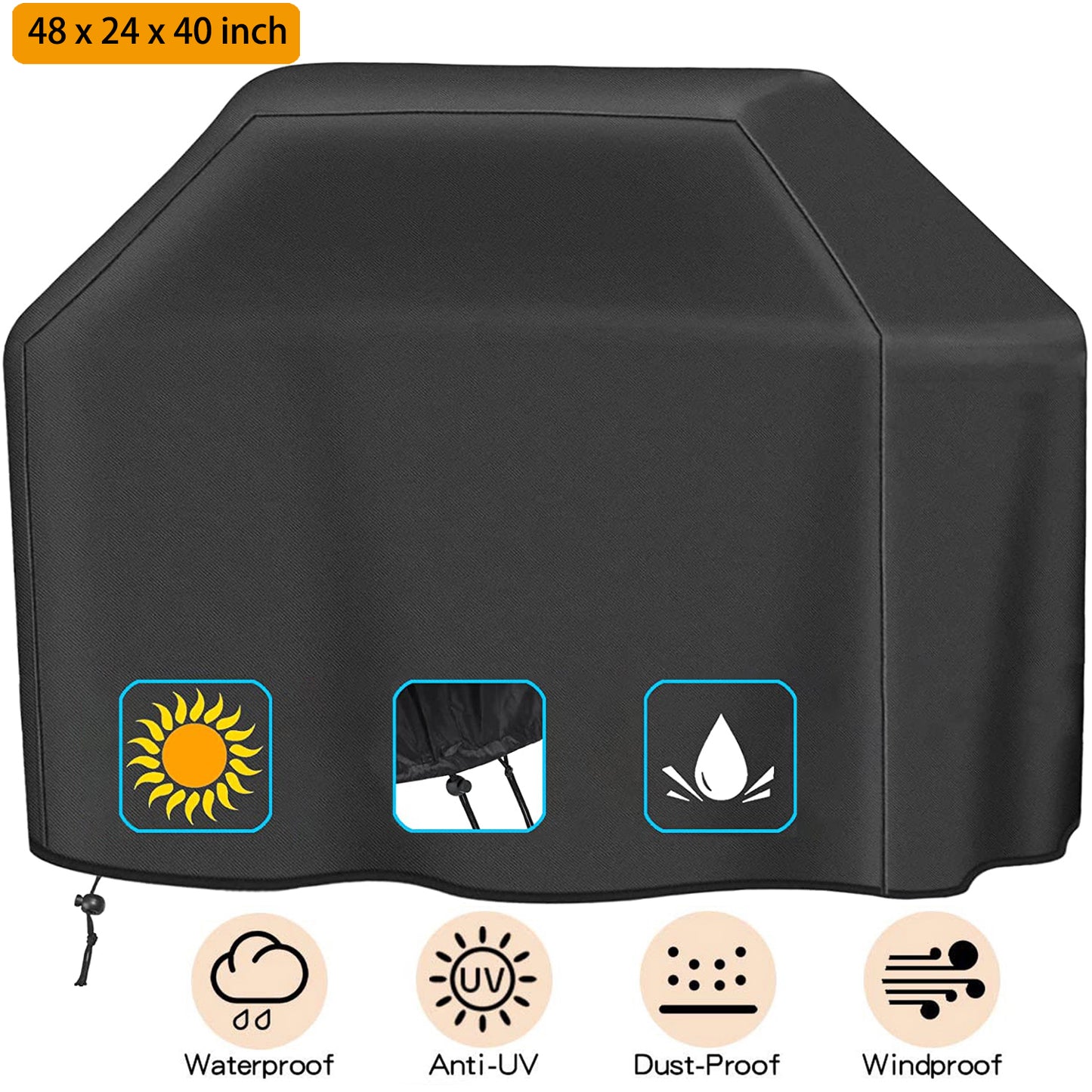 BBQ Grill Cover, 48 inch Grill Covers Heavy Duty Waterproof BBQ Cover with Storage Bag for Grills up to 48 inch Width, Rip-Proof, Durable and Convenient, 48“x 24”x 40", Black