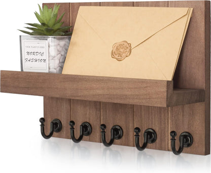 Key Holder for Wall, Dinosam Mail Organizer Wall Mount with 5 Key Hook and Mail Holder, Designer Key Rack Suitable for Entryway, Hallway, Bedroom, Living Room and Office,Light Brown