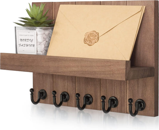 Key Holder for Wall, Dinosam Mail Organizer Wall Mount with 5 Key Hook and Mail Holder, Designer Key Rack Suitable for Entryway, Hallway, Bedroom, Living Room and Office,Light Brown