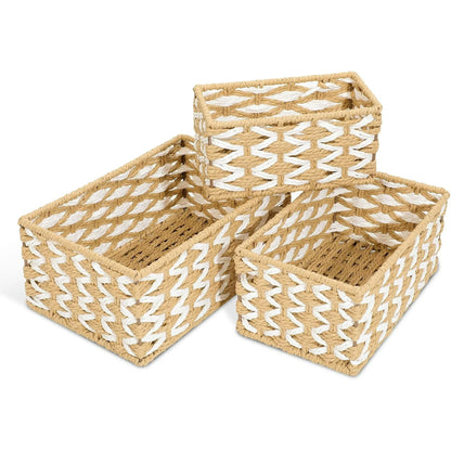 Wicker Basket Set of 3, Seagrass Storage Baskets for Shelves with Iron Wire Frame,Woven Baskets for Storage,Wicker Storage Basket for Bathroom, Bedroom, Laundry, Pantry, Shelves