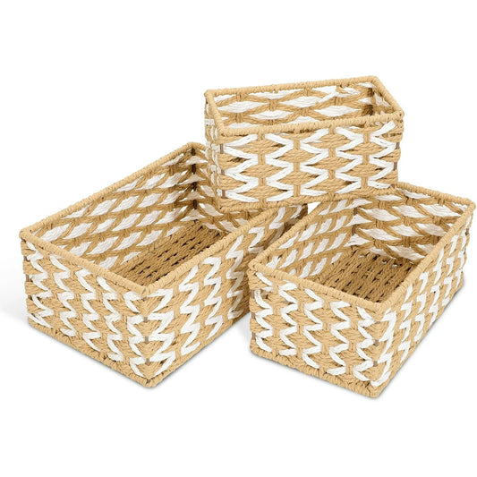 Wicker Basket Set of 3, Seagrass Storage Baskets for Shelves with Iron Wire Frame,Woven Baskets for Storage,Wicker Storage Basket for Bathroom, Bedroom, Laundry, Pantry, Shelves