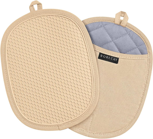 Silicone Pot Holders Sets: Heat Resistant Oven Hot Pads with Pockets Non Slip Grip Large Potholders for Kitchen Baking Cooking | Quilted Liner | 9.8 x 7.6 Inches (2, Milkshake)