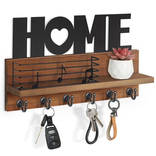 Key Holder for Wall Decorative 15" Mail Organizer Wall Mount Key Hooks for Wall with 6 Sturdy Hooks Key Hanger for Wall Mail Holder Wall Wount with Black Metal Decorative Piece for Entryway Farmhouse