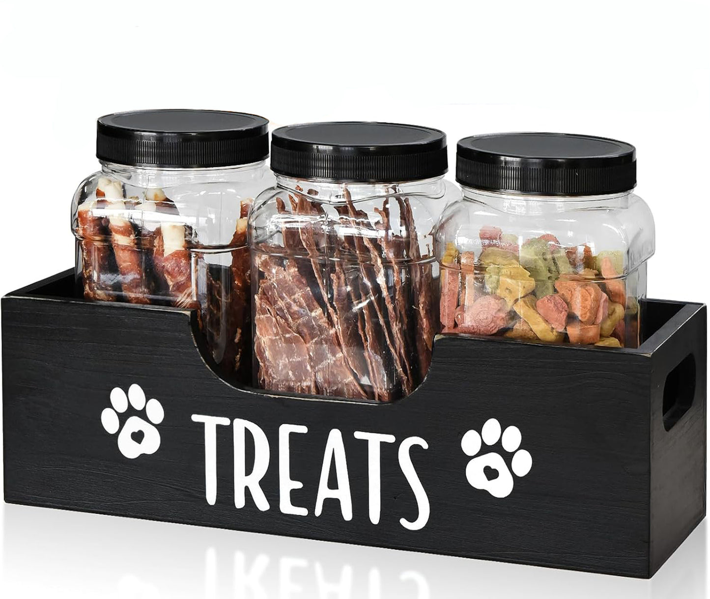 Dog Treat Container with 3 Plastic Dog Treat Jar, Dog Food Storage Container with Wooden Stand, Airtight Pet Food Storage Containers for Dogs and Cats, Dog Snacks Treat Organizer for Kitchen Counter