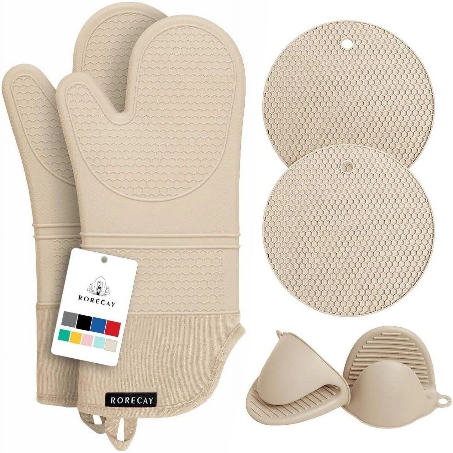 Extra Long Oven Mitts and Pot Holders Sets, RORECAY Heat Resistant Silicone Oven Mittens with Mini Oven Gloves and Hot Pads Potholders for Kitchen Baking Cooking, Quilted Liner, Milkshake, Pack of 6