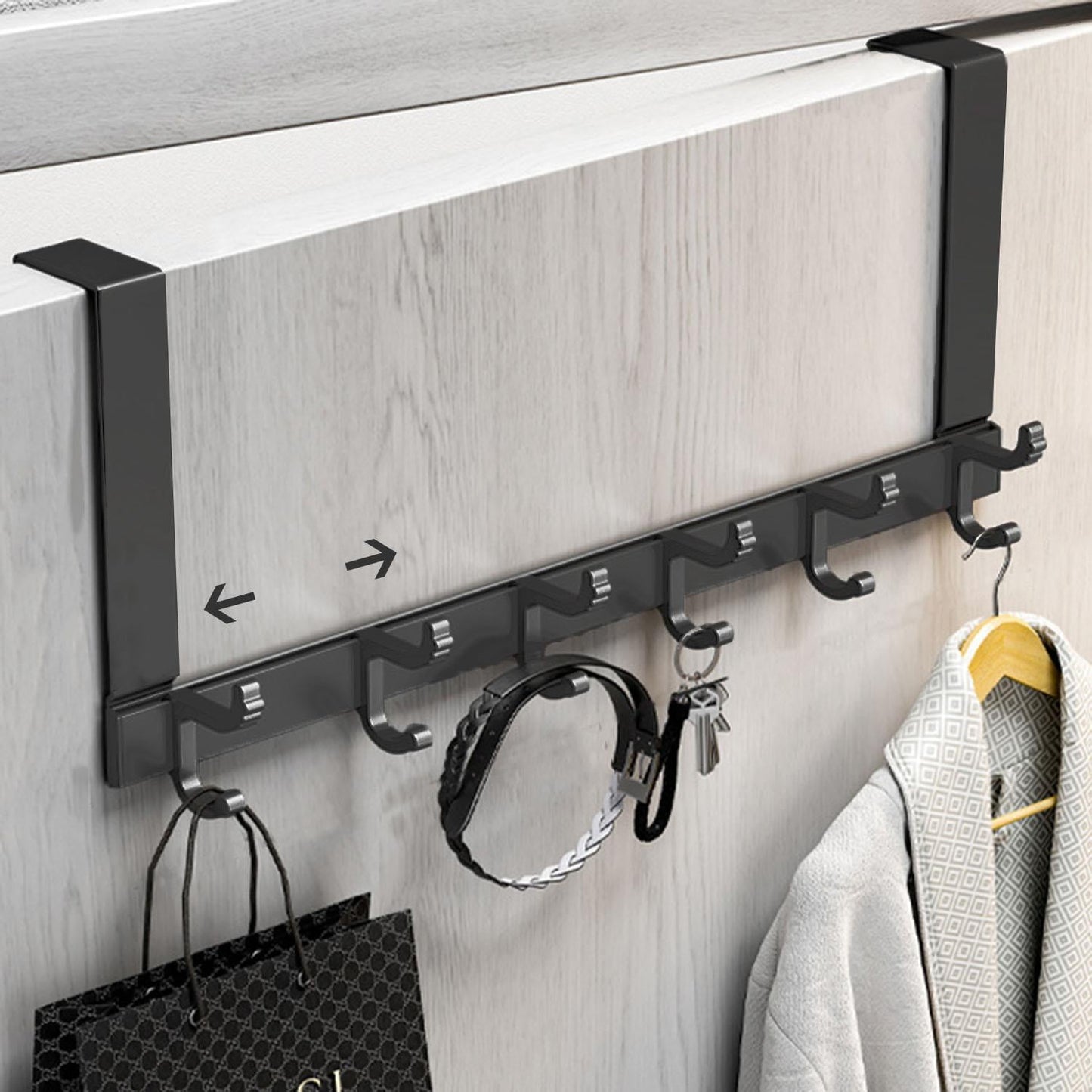 Over The Door Hooks,Over The Door Organizer, Movable over the Door Towel Rack with 6 Dual Coat Hangers,Heavy-Duty Over Door Hook Organizer, Black Over The Door Hanger Fits 1-3/4" Thick