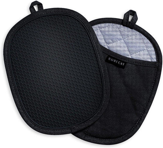 Pot Holders Sets of 2, Silicone Hot Pads for Kitchen,Heat Resistant Oven Mitts Pads with Pockets Non Slip Grip, Large Potholders,Trivets for Cooking, Baking,Black
