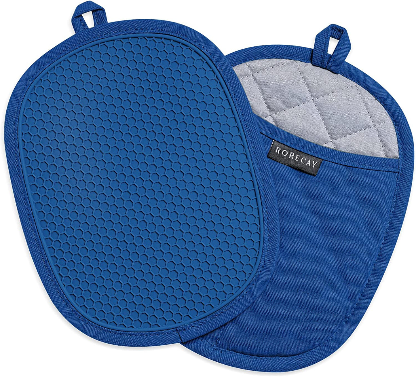 Silicone Pot Holders Sets: RORECAY Heat Resistant Oven Hot Pads with Pockets Non Slip Grip Large Potholders for Kitchen Baking Cooking | Quilted Liner | 9.8 x 7.6 Inches (RoyalBlue, 2)
