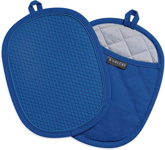 Silicone Pot Holders Sets: RORECAY Heat Resistant Oven Hot Pads with Pockets Non Slip Grip Large Potholders for Kitchen Baking Cooking | Quilted Liner | 9.8 x 7.6 Inches (RoyalBlue, 2)