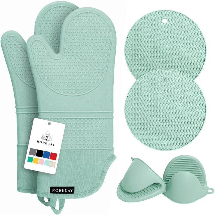 Extra Long Oven Mitts and Pot Holders Sets, RORECAY Heat Resistant Silicone Oven Mittens with Mini Oven Gloves and Hot Pads Potholders for Kitchen Baking Cooking, Quilted Liner, Bermuda Teal, Pack of 6