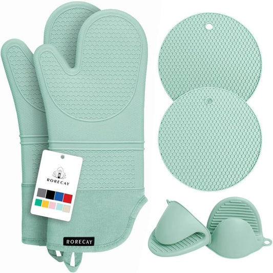 Extra Long Oven Mitts and Pot Holders Sets, RORECAY Heat Resistant Silicone Oven Mittens with Mini Oven Gloves and Hot Pads Potholders for Kitchen Baking Cooking, Quilted Liner, Bermuda Teal, Pack of 6
