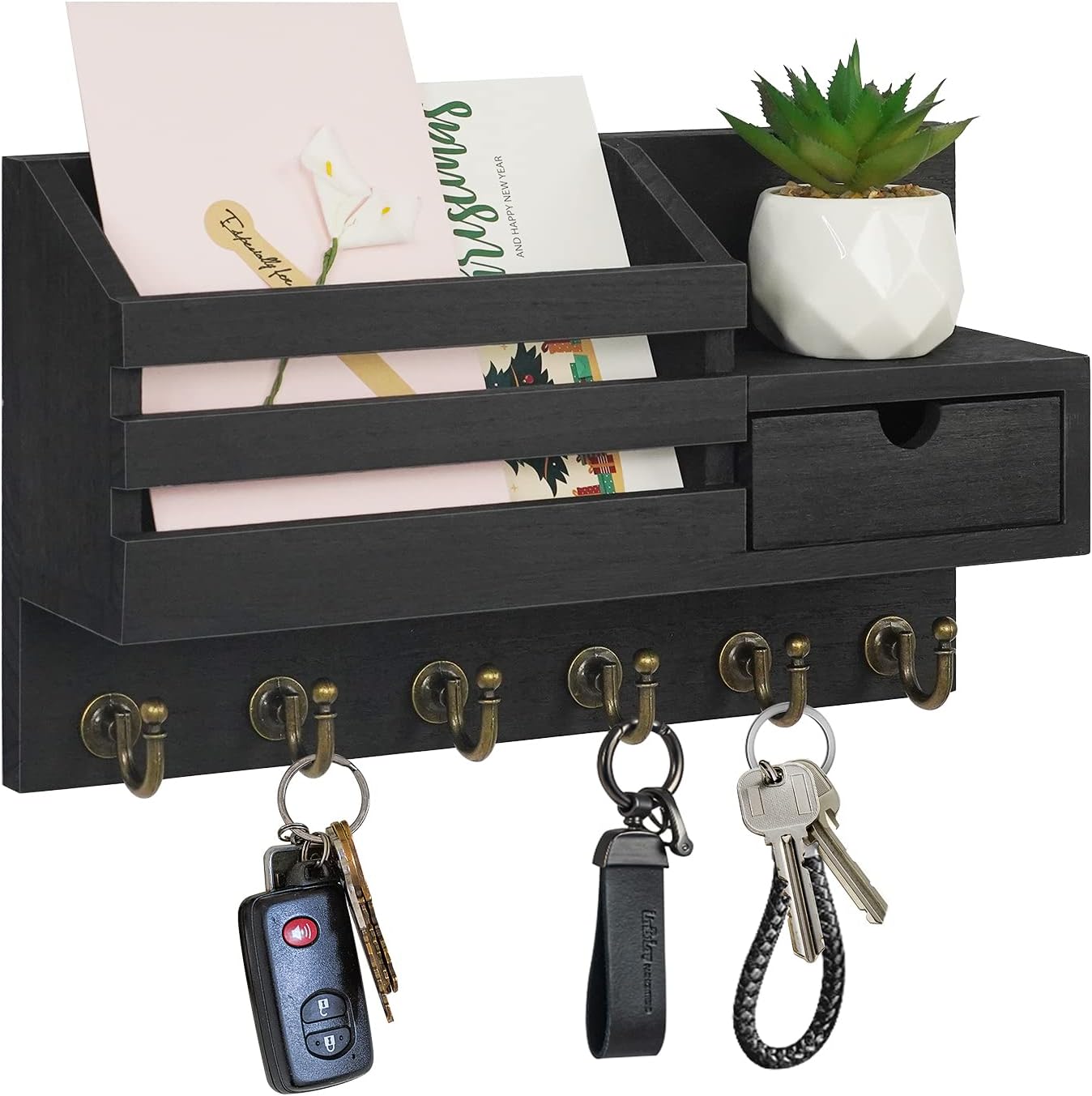 Key Holder for Wall,Dinosam Mail Organizer Wall Mount with Drawer,Mail Holder Shelf and 6 Sturdy Hooks,Hanging Key Rack Hanger for Entryway, Hallway, Bedroom, Living Room and Office，Black