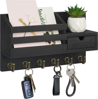 Key Holder for Wall,Dinosam Mail Organizer Wall Mount with Drawer,Mail Holder Shelf and 6 Sturdy Hooks,Hanging Key Rack Hanger for Entryway, Hallway, Bedroom, Living Room and Office，Black