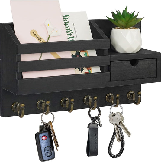 Key Holder for Wall,Dinosam Mail Organizer Wall Mount with Drawer,Mail Holder Shelf and 6 Sturdy Hooks,Hanging Key Rack Hanger for Entryway, Hallway, Bedroom, Living Room and Office，Black