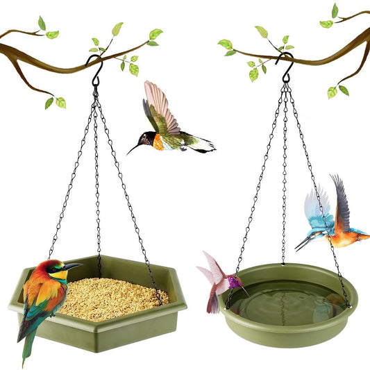 Hanging Bird Bath Hanging Bird Feeder, Bird Feeder, 2 in 1 Hanging Bird Feeder & Bird Bath for Outside, Hanging Bird Baths for Outdoors, Hanging Bird Feeder Tray (Green)