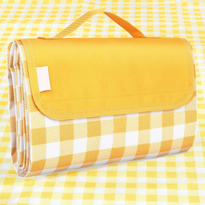 Picnic Blanket Handy Mat Tote Waterproof Sandproof Padding Portable Plaid Blanket for Lawn Park Beach Travel Yellow