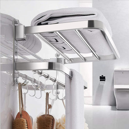 Towel Rack for Bathroom with Towel Bar,16in Bathroom Towel Holder for Bathroom Wall Mounted,Dinosam Foldable Bathroom Towel Rack with 1 Shelf 304 Stainless Towel Bar,Polished Silver