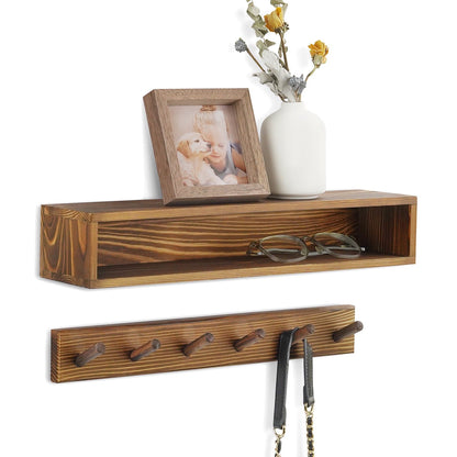 Coat Rack Wall Mount with Shelf, Domaci Entryway Floating Shelf with 6 Hooks, Wood Coat Hangers for Entryway, Living Room, Bedroom, Brown