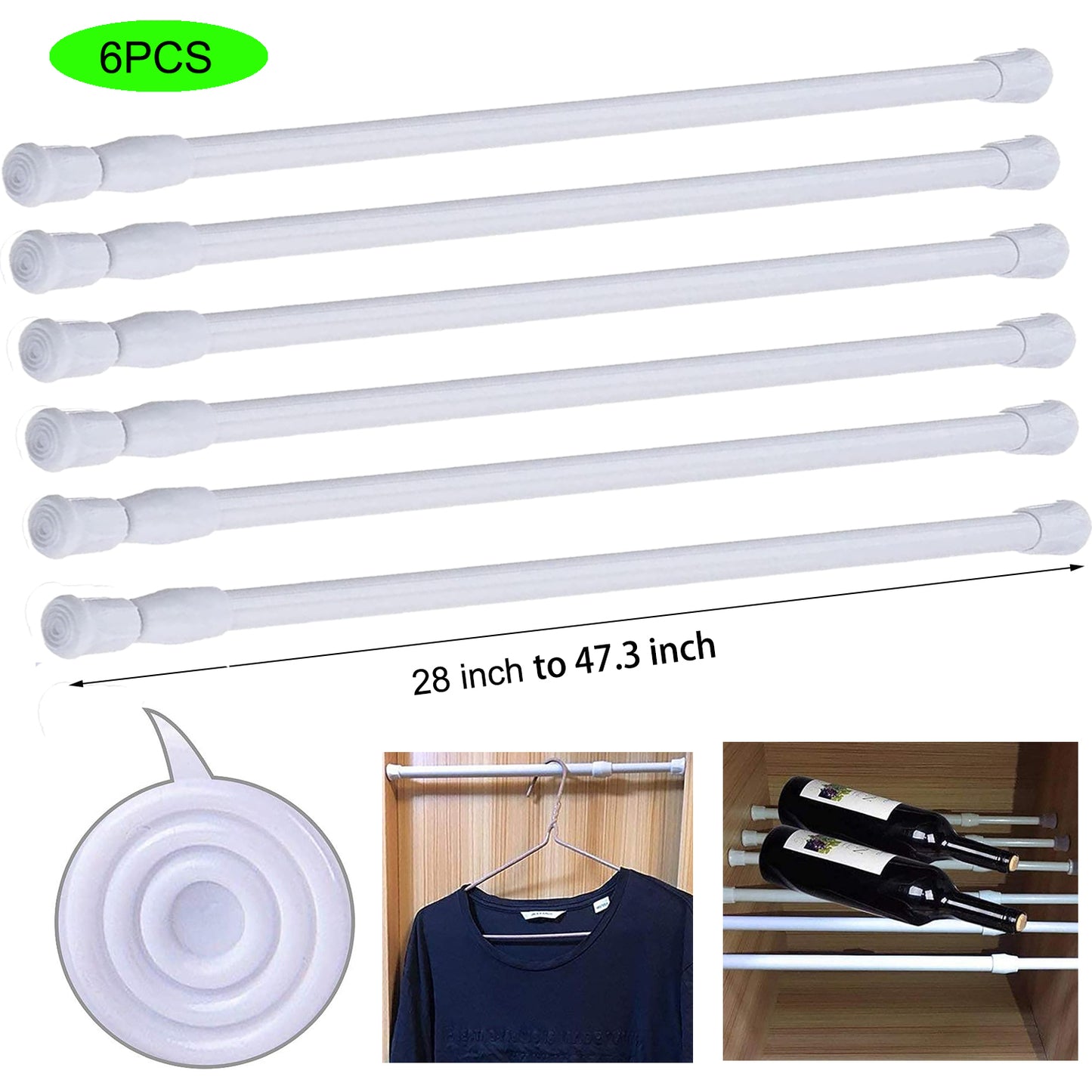 6 Pcs Spring Tension Curtain Rod, 28"-48" Adjustable Curtain Rods No Drilling Tension Rods for Windows 28 to 48 inch Bathroom Wardrobe Closet, White