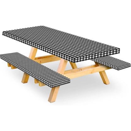 Vinyl Fitted Picnic Table Cover with Bench Covers & Bag, Waterproof Elastic Edges 72x30 Black