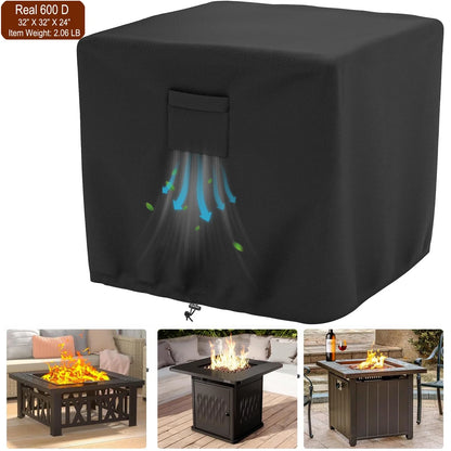 Fire Pit Cover Square, Waterproof Heavy Duty 600D Gas Fire Pit Table Cover with PVC Coating,2 Handles, 2 Air Vents,100% Waterproof,Anti-Crack, 32 x 32 x 24 inch Fits for 29”,30",31",32", Weight:2.06lb